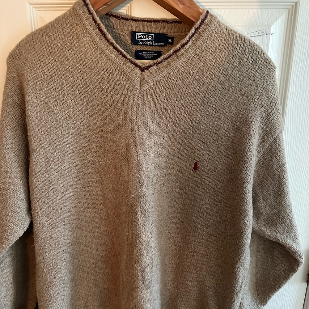 Ralph Lauren Men's V-Neck Sweater in Tan with Red Pony